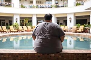 fett man på sommar semester nära simning slå samman. fetma problem. generativ ai foto