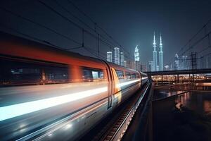modern hög hastighet tåg på natt. snabb tåg i stad med rörelse fläck effekt, offentlig transport. järnväg transport. skapas med generativ ai foto