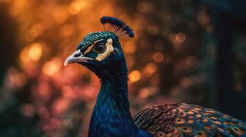 elegant färgrik porträtt av en påfågel på solnedgång. ai genererad foto