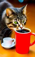 söt katt drycker kaffe från en röd kopp. de bild var skapas använder sig av generativ ai. foto