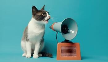 katt innehar en högtalare och drar till sig uppmärksamhet på en blå bakgrunder. kreativ aning av reklam. generativ ai foto