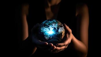 skinande runda värld i mänsklig händer på natt tid. jord dag. energi sparande begrepp. generativ ai foto
