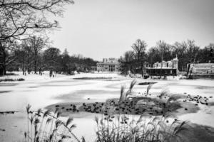 historisk palats på de vatten i parkera i Warszawa, polen under snöig vinter- foto