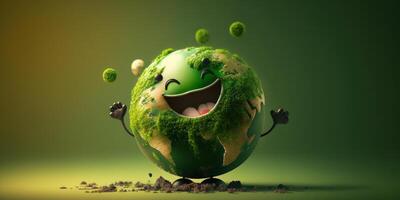 glad jord karaktär skrattande på grön bakgrund, Lycklig jord dag, värld skratt dag. generativ ai foto