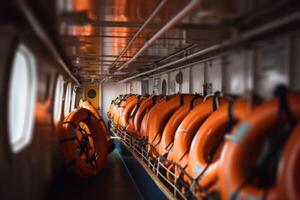fartyg stuga med orange livbojar generativ ai foto