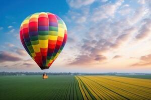 varm luft ballong på de bakgrund av en grön fält och Sol molnig himmel kopia Plats generativ ai foto