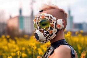 mode cyber kvinna i blomma fält på bakgrund trogen stad landskap generativ ai foto