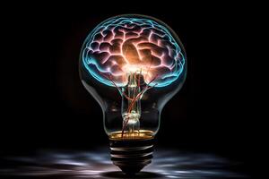 de mänsklig hjärna inuti av ljus Glödlampa på svart bakgrund. ai generativ foto