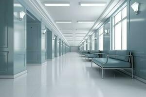 lång sjukhus ljus korridor med rum och blå säten 3d tolkning foto