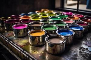 uppsättning av öppnad färgrik måla burkar foto
