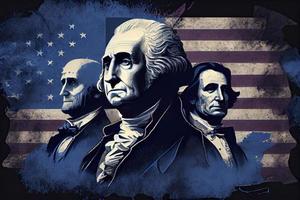 Lycklig presidenter dag begrepp med de oss nationell flagga mot en collage amerikan presidenter porträtt foto