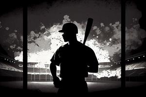silhuett, de bild av en baseboll spelare med en fladdermus på de bakgrund av de stadion foto