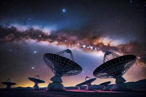 astronomi djup Plats radio teleskop matriser på natt pekande in i Plats foto