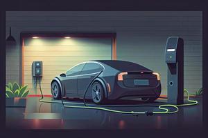 elektrisk bil laddning i underjordisk garage pluggas på Hem laddare station. batteri ev fordon stående parkering foto