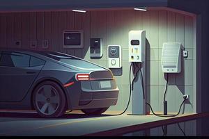 elektrisk bil laddning i underjordisk garage pluggas på Hem laddare station. batteri ev fordon stående parkering foto
