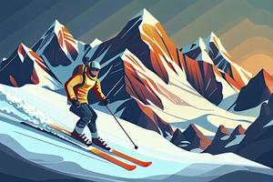 Avancerad skidåkare diabilder nära berg utför. sporter härkomst på skidor i bergen kullar foto