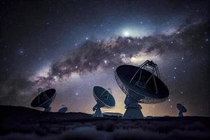 astronomi djup Plats radio teleskop matriser på natt pekande in i Plats foto