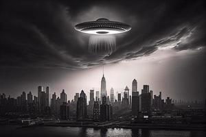 olycksbådande UFO ovan de stad foto