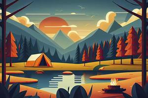 solig dag landskap illustration i platt stil med tält, lägereld, berg, skog och vatten. bakgrund för sommar läger, natur turism, camping eller vandring design begrepp foto