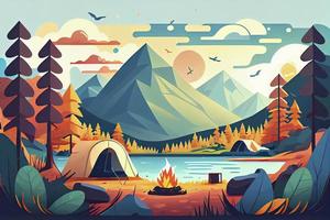 solig dag landskap illustration i platt stil med tält, lägereld, berg, skog och vatten. bakgrund för sommar läger, natur turism, camping eller vandring design begrepp foto