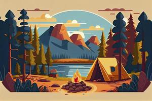 solig dag landskap illustration i platt stil med tält, lägereld, berg, skog och vatten. bakgrund för sommar läger, natur turism, camping eller vandring design begrepp foto