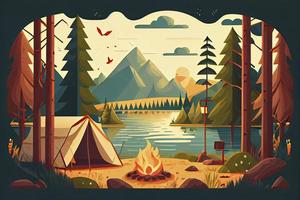 solig dag landskap illustration i platt stil med tält, lägereld, berg, skog och vatten. bakgrund för sommar läger, natur turism, camping eller vandring design begrepp foto