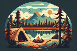 solig dag landskap illustration i platt stil med tält, lägereld, berg, skog och vatten. bakgrund för sommar läger, natur turism, camping eller vandring design begrepp foto