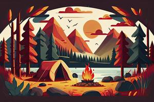 solig dag landskap illustration i platt stil med tält, lägereld, berg, skog och vatten. bakgrund för sommar läger, natur turism, camping eller vandring design begrepp foto