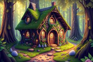 fantasi hus fe- berättelse liten stuga i magisk skog förbi ai genererad foto