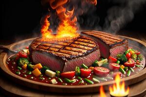 grillad nötkött biff med vegetabiliska på de flammande grill förbi ai genererad foto
