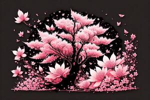 körsbär blomma illustration på svart bakgrund förbi ai genererad foto