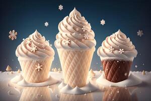 choklad vanilj is grädde kon annonser med is kuber och snöflingor förbi ai genererad foto