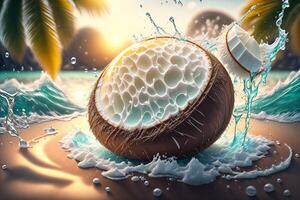 kokos i vatten stänk realistisk sammansättning förbi ai genererad foto