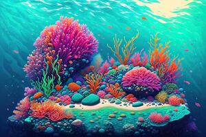 färgrik hav bakgrund med klippig botten stenblock alger och koraller förbi ai genererad foto