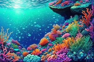 färgrik hav bakgrund med klippig botten stenblock alger och koraller förbi ai genererad foto