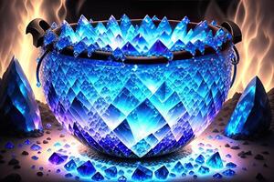 kittel tillverkad från kristaller, djup blå ner belysning ai genererad foto
