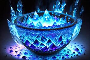 kittel tillverkad från kristaller, djup blå ner belysning ai genererad foto