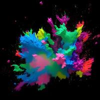 flerfärgad måla explosion, måla spridning explosion av färgrik moln, damm moln exploderande på svart bakgrund, designad med artificiell intelligens, generativ ai foto