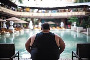 fett man på sommar semester nära simning slå samman. fetma problem. generativ ai foto
