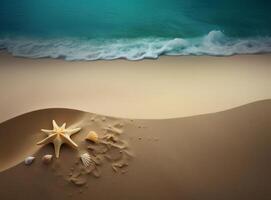 strand sand med stjärnor och skal. illustration ai generativ foto