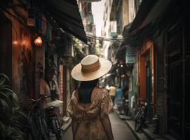 flicka bär en hatt som hon promenader i de smal gata. illustration ai generativ foto