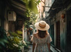 flicka bär en hatt som hon promenader i de smal gata. illustration ai generativ foto