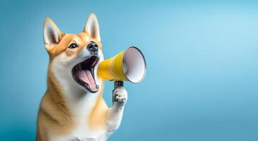 rolig söt hund, shiba innehar en gul högtalare i dess skrikande och tillkännager på mjuk blå studio bakgrund, generativ ai foto