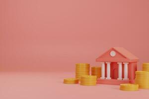 3d framställa Bank modell och stack av guld mynt med kopia Plats på röd bakgrund, finansiell 3d modell bakgrund foto