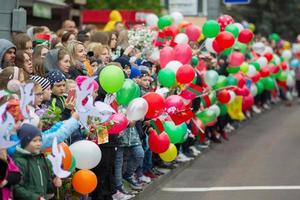 en massa av människor med ballonger på de gata. foto