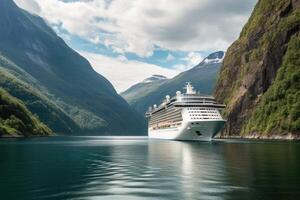 stor kryssning fartyg i fjordar. turism semester och sommar reser. generativ ai foto