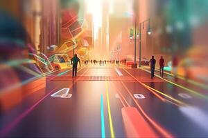 mobil spel värld med människor en virtuell verklighet på stad liv generativ ai foto
