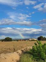 sommar lantlig landskap på en sommar dag med en färgrik regnbåge i de blå himmel foto