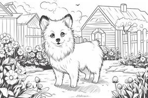 färg sida översikt av tecknad serie söt liten valp hund. illustration färg bok för ungar. generativ ai foto