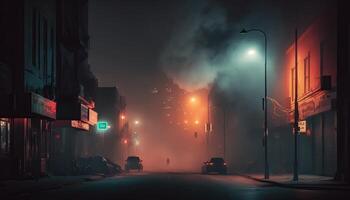 mörk gata, natt smog och rök neon ljus. mörk bakgrund av de natt stad. generativ ai foto